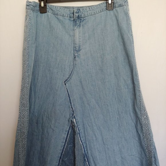Reba Maxi denim skirt embroidery & contrasting fabric patch pockets size 12 zip - Picture 1 of 16